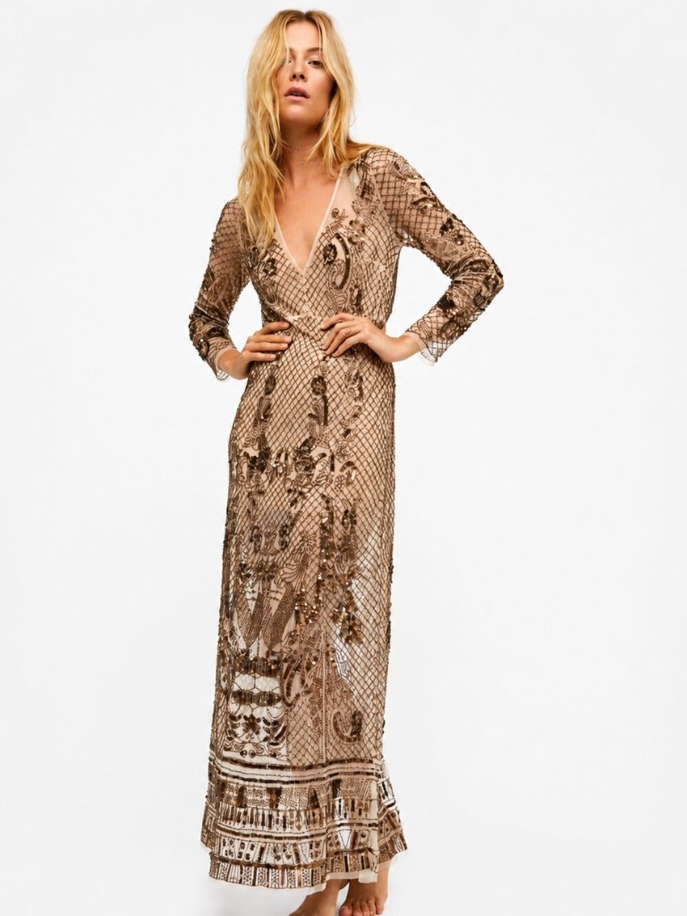 Rare Free People Art Deco Embellished Beaded Maxi Slip Small